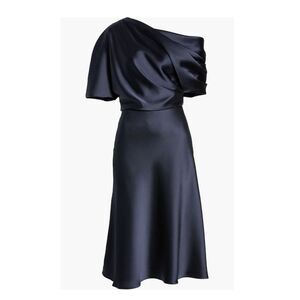 Amsale NAVY One Shoulder Fluid Satin Cocktail Midi Dress, NWT, Size 4